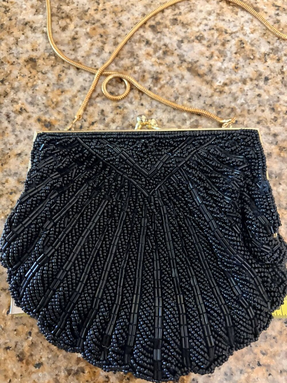 Walborg 1960s Black Beaded Clam Shell Handbag